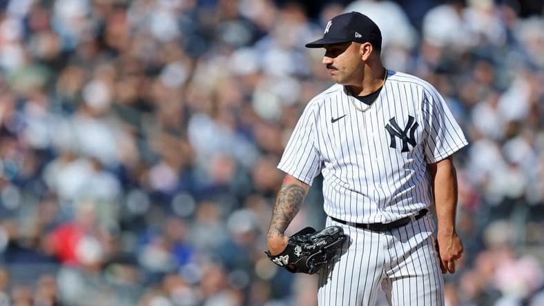 Oct 14, 2022; Bronx, New York, USA; New York Yankees starting pitcher Nestor Cortes (65) looks on before pitching against the Cleveland Guardians during the fifth inning in game two of the ALDS for the 2022 MLB Playoffs at Yankee Stadium. Mandatory Credit: Brad Penner-USA TODAY Sports
