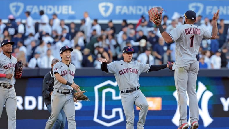 Oct 14, 2022; Bronx, New York, USA; The Cleveland Guardians celebrate after their win against the New York Yankees in game two of the ALDS for the 2022 MLB Playoffs at Yankee Stadium. Mandatory Credit: Vincent Carchietta-USA TODAY Sports