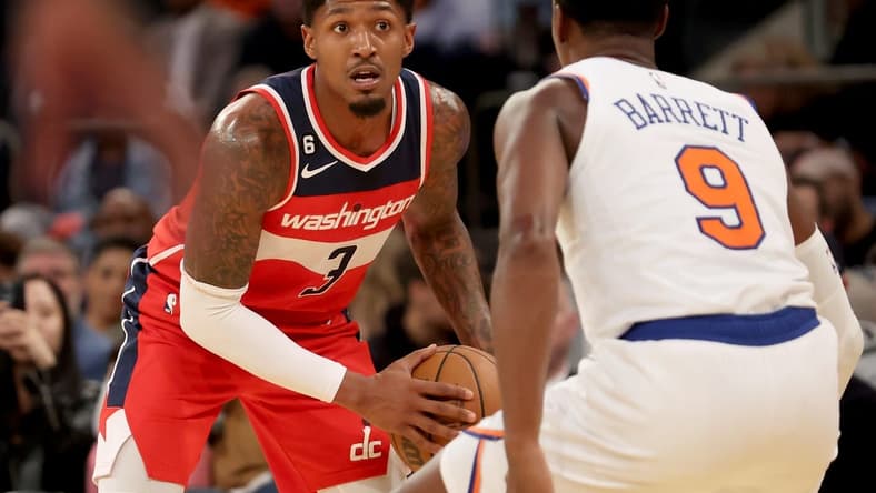 Oct 14, 2022; New York, New York, USA; Washington Wizards guard Bradley Beal (3) controls the ball against New York Knicks guard RJ Barrett (9) during the second quarter at Madison Square Garden. Mandatory Credit: Brad Penner-USA TODAY Sports