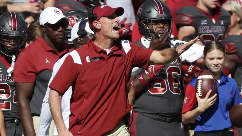 Oct 15, 2022; Norman, Oklahoma, USA;  Oklahoma Sooners head coach Brent Venables reacts during the first half against the Kansas Jayhawks at Gaylord Family-Oklahoma Memorial Stadium. Mandatory Credit: Kevin Jairaj-USA TODAY Sports
