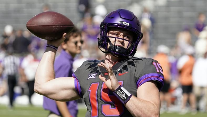 Oct 15, 2022; Fort Worth, Texas, USA; TCU Horned Frogs quarterback Max Duggan (15) warms up prior to a game against the Oklahoma State Cowboys at Amon G. Carter Stadium. Mandatory Credit: Raymond Carlin III-USA TODAY Sports
