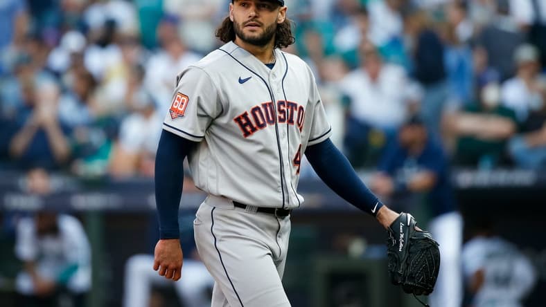 Oct 15, 2022; Seattle, Washington, USA; Houston Astros starting pitcher Lance McCullers Jr. (43) walks to the dugout at the end of the sixth inning against the Seattle Mariners during game three of the ALDS for the 2022 MLB Playoffs at T-Mobile Park. Mandatory Credit: Joe Nicholson-USA TODAY Sports