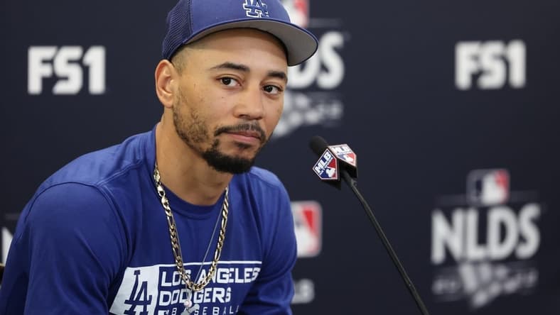 Oct 15, 2022; San Diego, California, USA; Los Angeles Dodgers right fielder Mookie Betts (50) speaks to the press before the game against the San Diego Padres on game four of the NLDS for the 2022 MLB Playoffs at Petco Park. Mandatory Credit: Kiyoshi Mio-USA TODAY Sports