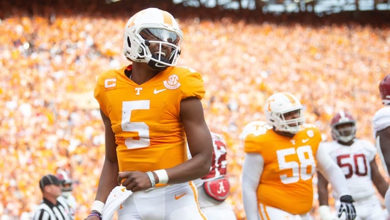 Tennessee quarterback Hendon Hooker (5) smiles after a Tennessee touchdown during Tennessee's game against Alabama in Neyland Stadium in Knoxville, Tenn., on Saturday, Oct. 15, 2022.
RAnk 1 Kns Ut Bama Football Bp