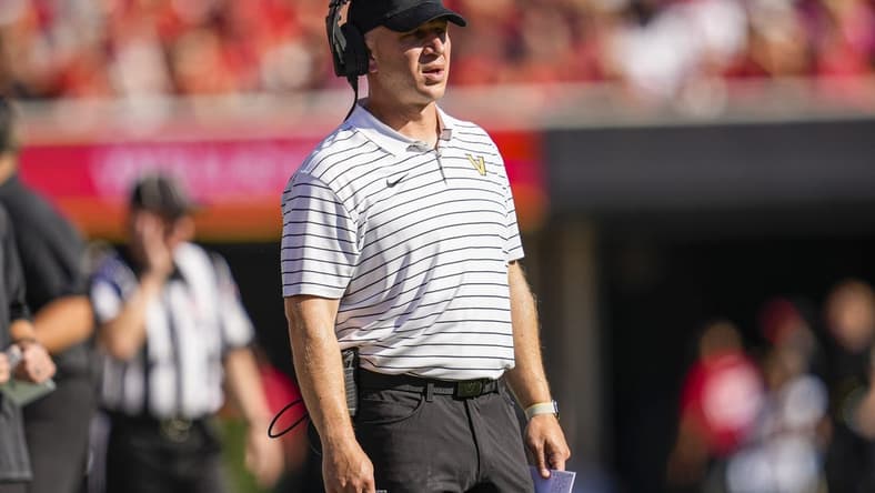 Oct 15, 2022; Athens, Georgia, USA; Vanderbilt Commodores head coach Clark Lea reacts on the sideline against the Georgia Bulldogs at Sanford Stadium. Mandatory Credit: Dale Zanine-USA TODAY Sports