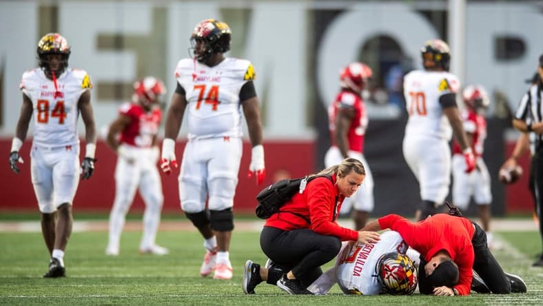 Maryland's Taulia Tagovailoa (3) is looked at by medical personnel during the Indiana versus Maryland football game at Memorial Stadium on Saturday, Oct. 15, 2022.
Iu Md Fb 2h Tagovailoa Hurt
