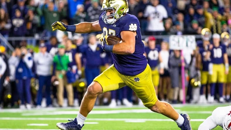 Notre Dame tight end Michael Mayer (87) runs the ball on a play that was called back during the Notre Dame vs. Stanford NCAA football game Saturday, Oct. 15, 2022 at Notre Dame Stadium in South Bend.

Notre Dame Vs Stanford Football