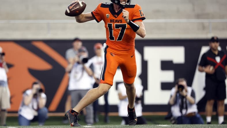 Oct 15, 2022; Corvallis, Oregon, USA; Oregon State Beavers quarterback Ben Gulbranson (17) looks to throw during the first half Washington State Cougars at Reser Stadium. Mandatory Credit: Soobum Im-USA TODAY Sports