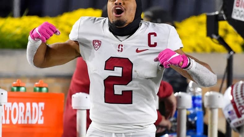 Oct 15, 2022; South Bend, Indiana, USA; Stanford Cardinal safety Jonathan McGill (2) celebrates in the closing seconds of the 16-14 win over the Notre Dame Fighting Irish at Notre Dame Stadium. Mandatory Credit: Matt Cashore-USA TODAY Sports