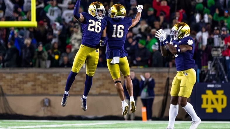 Notre Dame safety Xavier Watts (26), safety Brandon Joseph (16) and safety Houston Griffith (3) celebrate during the Notre Dame vs. Stanford NCAA football game Saturday, Oct. 15, 2022 at Notre Dame Stadium in South Bend.
Notre Dame Vs Stanford Football
