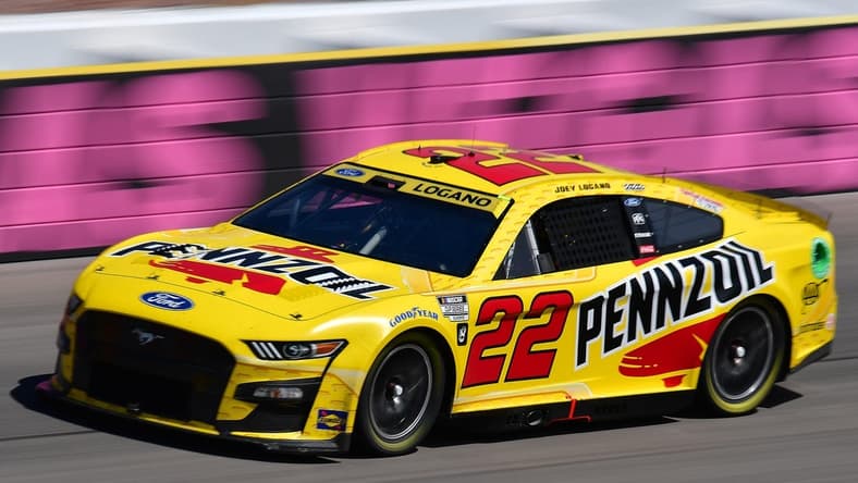 Oct 16, 2022; Las Vegas, Nevada, USA; NASCAR Cup Series driver Joey Logano (22) during the South Point 400 at Las Vegas Motor Speedway. Mandatory Credit: Gary A. Vasquez-USA TODAY Sports