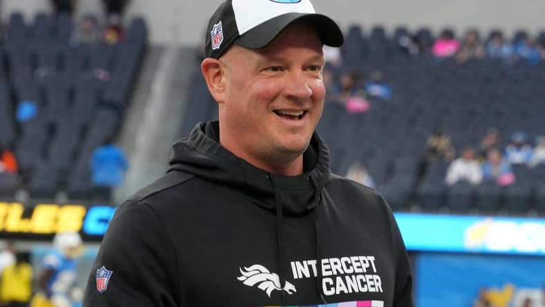 Oct 17, 2022; Inglewood, California, USA; Denver Broncos head coach Nathaniel Hackett reacts during the game against the Los Angeles Chargers at SoFi Stadium. Mandatory Credit: Kirby Lee-USA TODAY Sports