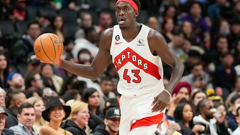 Oct 9, 2022; Toronto, Ontario, CAN; Toronto Raptors forward Pascal Siakam (43) moves the ball against the Chicago Bulls during the first half at Scotiabank Arena. Mandatory Credit: Kevin Sousa-USA TODAY Sports
