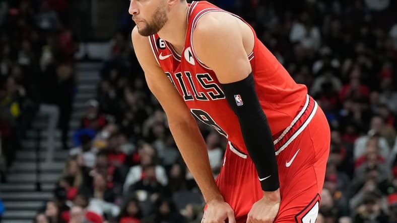 Oct 9, 2022; Toronto, Ontario, CAN; Chicago Bulls guard Zach LaVine (8) looks on against the Toronto Raptors during the first half at Scotiabank Arena. Mandatory Credit: Kevin Sousa-USA TODAY Sports