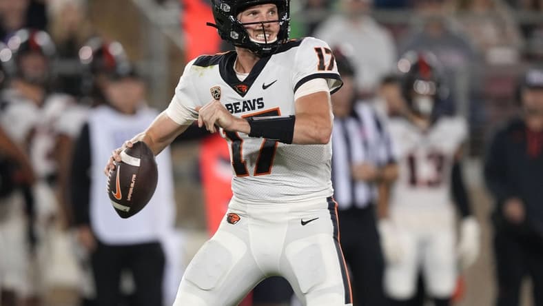 Oct 8, 2022; Stanford, California, USA; Oregon State Beavers quarterback Ben Gulbranson (17) passes against the Stanford Cardinal during the second quarter at Stanford Stadium. Mandatory Credit: Darren Yamashita-USA TODAY Sports