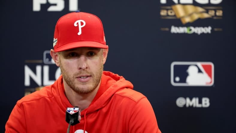 Oct 18, 2022; San Diego, California, USA; Philadelphia Phillies starting pitcher Zack Wheeler (45) at a press conference after game one of the NLCS of the 2022 MLB Playoffs against the San Diego Padres at Petco Park. The Phillies won 2-0. Mandatory Credit: Kiyoshi Mio-USA TODAY Sports