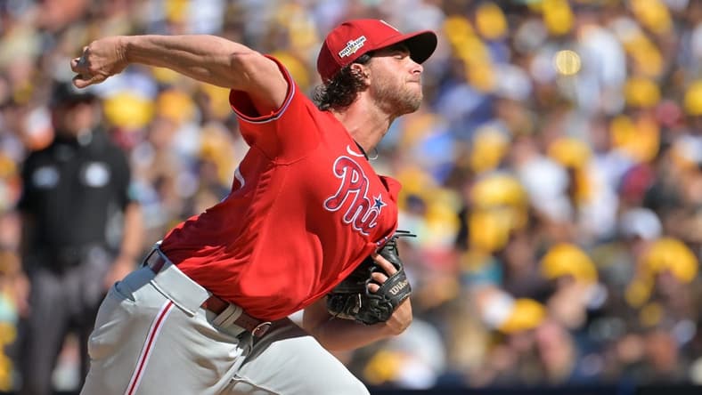 Oct 19, 2022; San Diego, California, USA; Philadelphia Phillies starting pitcher Aaron Nola (27) throws pitch in the first inning against the San Diego Padres during game two of the NLCS for the 2022 MLB Playoffs at Petco Park. Mandatory Credit: Jayne Kamin-Oncea-USA TODAY Sports