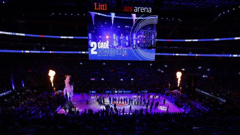 Oct 19, 2022; Detroit, Michigan, USA; General view as Detroit Pistons guard Cade Cunningham (2) is introduce before the game against the Orlando Magic at Little Caesars Arena. Mandatory Credit: Rick Osentoski-USA TODAY Sports
