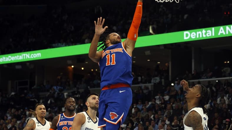 Oct 19, 2022; Memphis, Tennessee, USA; New York Knicks guard Jalen Brunson (11) shoots during the first half against the Memphis Grizzlies at FedExForum. Mandatory Credit: Petre Thomas-USA TODAY Sports