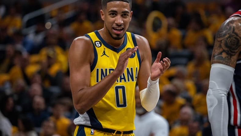 Oct 19, 2022; Indianapolis, Indiana, USA; Indiana Pacers guard Tyrese Haliburton (0) in the second half against the Washington Wizards at Gainbridge Fieldhouse. Mandatory Credit: Trevor Ruszkowski-USA TODAY Sports