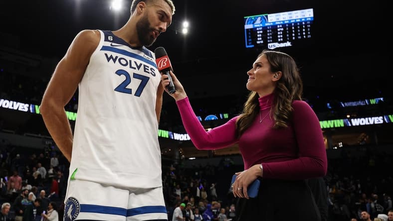 Oct 19, 2022; Minneapolis, Minnesota, USA; Minnesota Timberwolves center Rudy Gobert (27) is interviewed by Bally Sports Norths Katie Storm after the game against the Oklahoma City Thunder at Target Center. Mandatory Credit: Matt Krohn-USA TODAY Sports