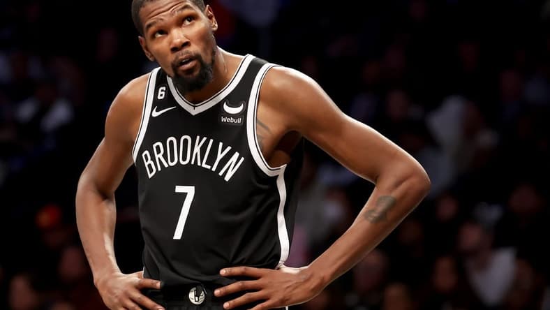 Oct 19, 2022; Brooklyn, New York, USA; Brooklyn Nets forward Kevin Durant (7) reacts during the third quarter against the New Orleans Pelicans at Barclays Center. Mandatory Credit: Brad Penner-USA TODAY Sports
