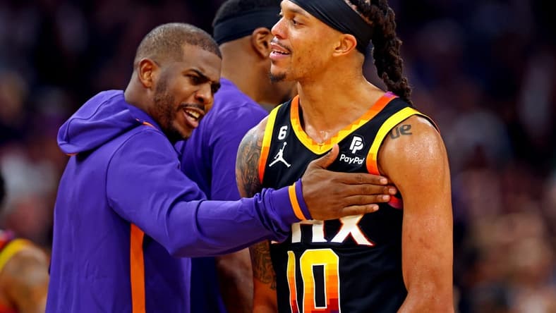 Oct 19, 2022; Phoenix, Arizona, USA; Phoenix Suns guard Damion Lee (10) celebrates with guard Chris Paul (3) during the fourth quarter against the Dallas Mavericks at Footprint Center. Mandatory Credit: Mark J. Rebilas-USA TODAY Sports