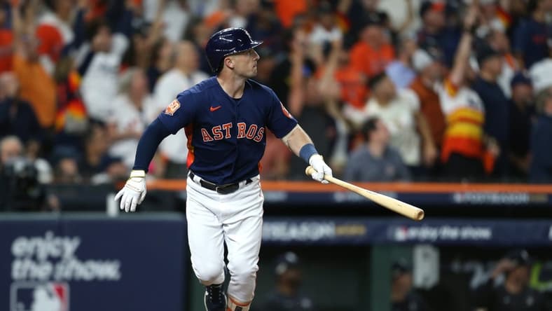 Oct 20, 2022; Houston, Texas, USA; Houston Astros third baseman Alex Bregman (2) watches his three-run home run against the New York Yankees during the third inning in game two of the ALCS for the 2022 MLB Playoffs at Minute Maid Park. Mandatory Credit: Thomas Shea-USA TODAY Sports