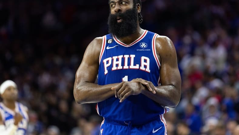 Oct 20, 2022; Philadelphia, Pennsylvania, USA; Philadelphia 76ers guard James Harden (1) reacts after a foul during the fourth quarter against the Milwaukee Bucks at Wells Fargo Center. Mandatory Credit: Bill Streicher-USA TODAY Sports