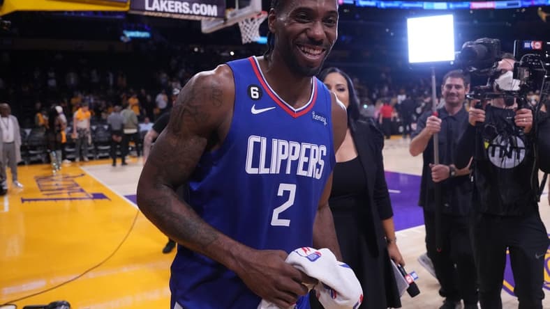 Oct 20, 2022; Los Angeles, California, USA; NFL: LA Clippers forward Kawhi Leonard (2) reacts after the game against the Los Angeles Lakers at Crypto.com Arena. The Clippers defeated the Lakers 103-97. Mandatory Credit: Kirby Lee-USA TODAY Sports
