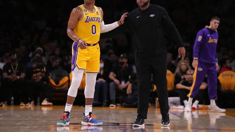 Oct 20, 2022; Los Angeles, California, USA; Los Angeles Lakers guard Russell Westbrook (0) and coach Darvin Ham react in the first half against the LA Clippers at Crypto.com Arena. Mandatory Credit: Kirby Lee-USA TODAY Sports