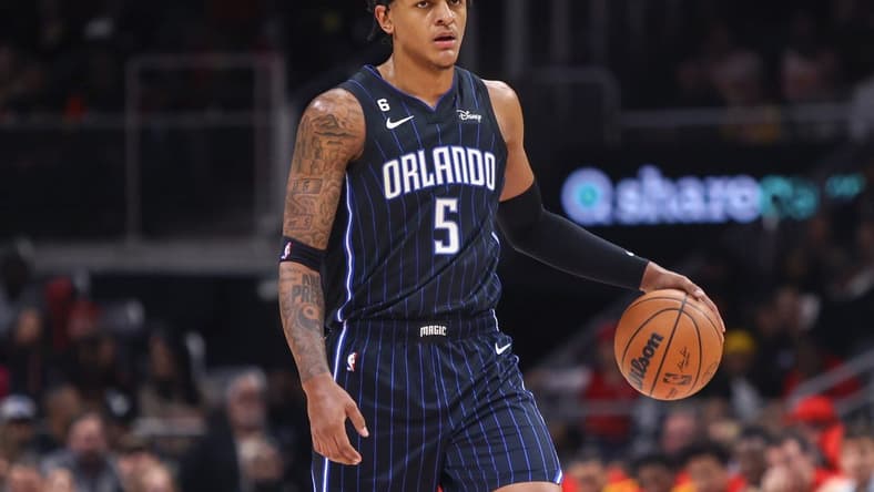 Oct 21, 2022; Atlanta, Georgia, USA; Orlando Magic forward Paolo Banchero (5) dribbles against the Atlanta Hawks in the second quarter at State Farm Arena. Mandatory Credit: Brett Davis-USA TODAY Sports