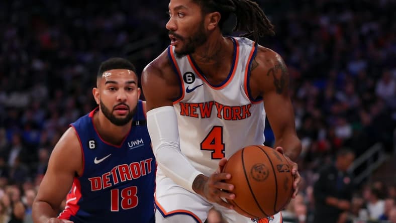 Oct 21, 2022; New York, New York, USA; New York Knicks guard Derrick Rose (4) looks to get past Detroit Pistons guard Cory Joseph (18) during the second quarter at Madison Square Garden. Mandatory Credit: Tom Horak-USA TODAY Sports