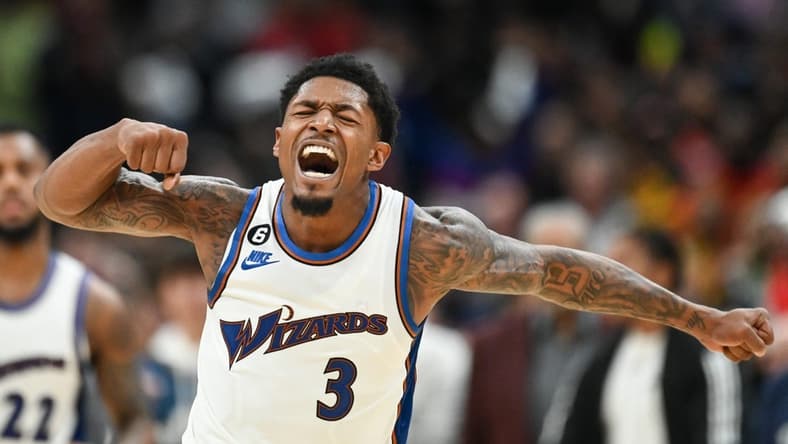 Oct 21, 2022; Washington, District of Columbia, USA; Washington Wizards guard Bradley Beal (3) reacts after hitting the eventual game winning basket against the Chicago Bulls at Capital One Arena. Mandatory Credit: Tommy Gilligan-USA TODAY Sports