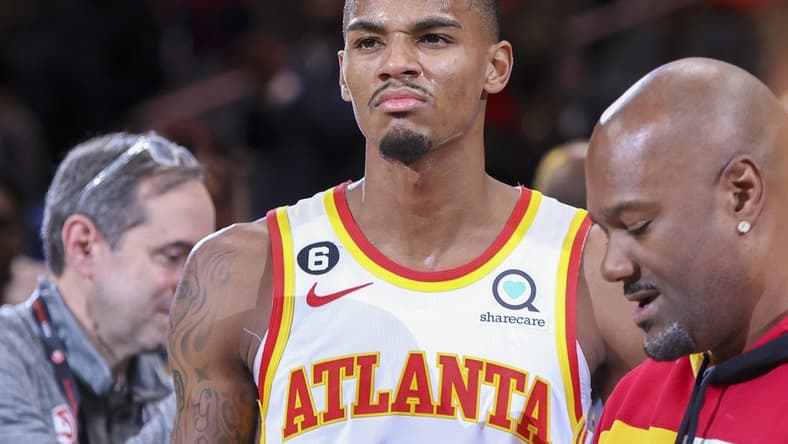 Oct 21, 2022; Atlanta, Georgia, USA; Atlanta Hawks guard Dejounte Murray (5) is interviewewed after a victory against the Orlando Magic at State Farm Arena. Mandatory Credit: Brett Davis-USA TODAY Sports