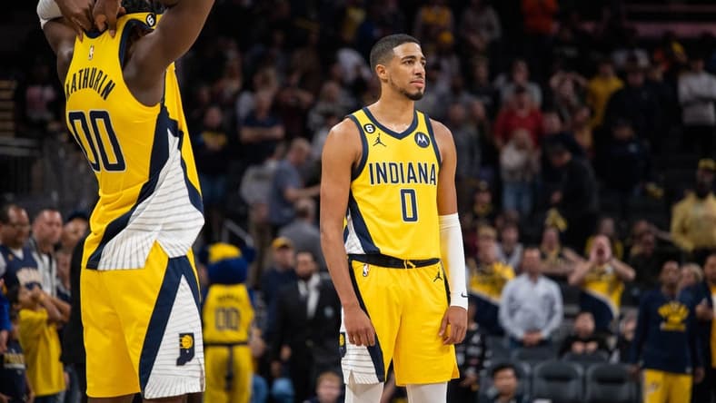 Oct 21, 2022; Indianapolis, Indiana, USA; Indiana Pacers guard Tyrese Haliburton (0) reacts to the loss against the San Antonio Spurs at Gainbridge Fieldhouse. Mandatory Credit: Trevor Ruszkowski-USA TODAY Sports