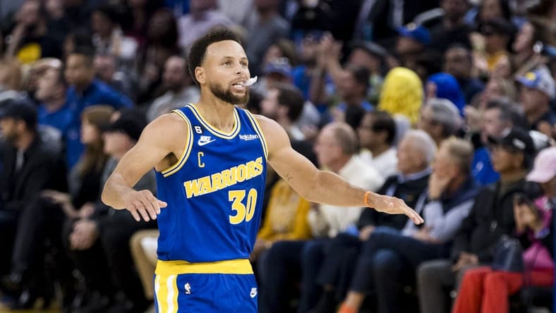 Oct 21, 2022; San Francisco, California, USA; Golden State Warriors guard Stephen Curry (30) reacts after missing a shot against the Denver Nuggets during the first half at Chase Center. Mandatory Credit: John Hefti-USA TODAY Sports