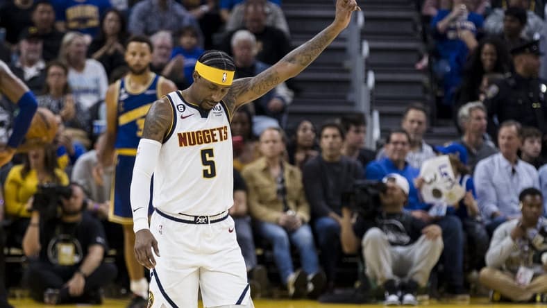 Oct 21, 2022; San Francisco, California, USA; Denver Nuggets guard Kentavious Caldwell-Pope (5) gestures during the second half of the game against the Golden State Warriors at Chase Center. Mandatory Credit: John Hefti-USA TODAY Sports