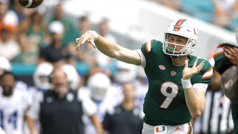 Oct 22, 2022; Miami Gardens, Florida, USA; Miami Hurricanes quarterback Tyler Van Dyke (9) throws the football during the first quarter against the Duke Blue Devils at Hard Rock Stadium. Mandatory Credit: Sam Navarro-USA TODAY Sports
