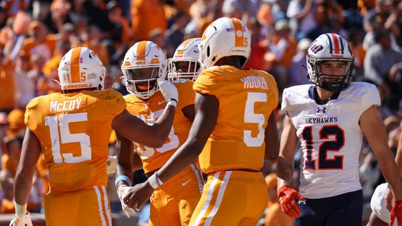 Oct 22, 2022; Knoxville, Tennessee, USA; Tennessee Volunteers wide receiver Bru McCoy (15) and Tennessee Volunteers wide receiver Ramel Keyton (80) celebrate a touchdown against the Tennessee Martin Skyhawks during the first half at Neyland Stadium. Mandatory Credit: Randy Sartin-USA TODAY Sports
