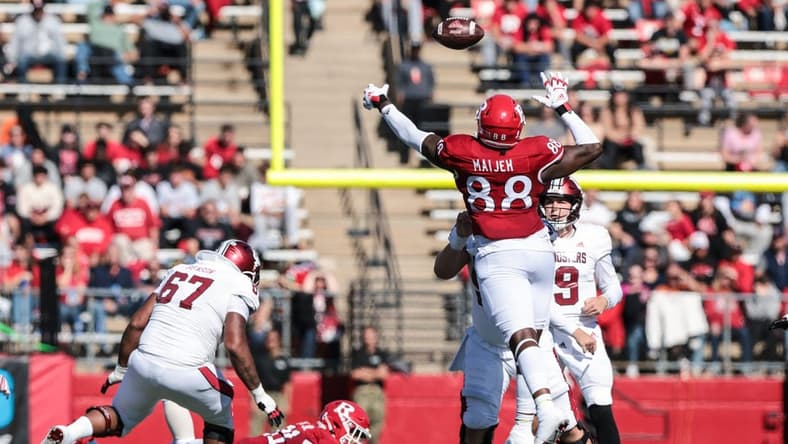 Oct 22, 2022; Piscataway, New Jersey, USA; Rutgers Scarlet Knights defensive lineman Ifeanyi Maijeh (88) blocks a pass thrown by Indiana Hoosiers quarterback Connor Bazelak (9) during the first half at SHI Stadium. Mandatory Credit: Vincent Carchietta-USA TODAY Sports