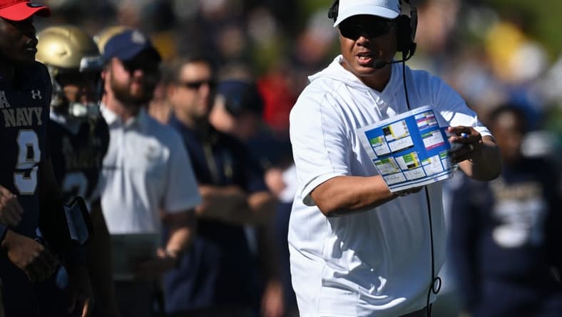 Oct 22, 2022; Annapolis, Maryland, USA;  Navy Midshipmen head coach Ken Niumatalolo calls timeout during the first half against the Houston Cougars at Navy-Marine Corps Memorial Stadium. Mandatory Credit: Tommy Gilligan-USA TODAY Sports