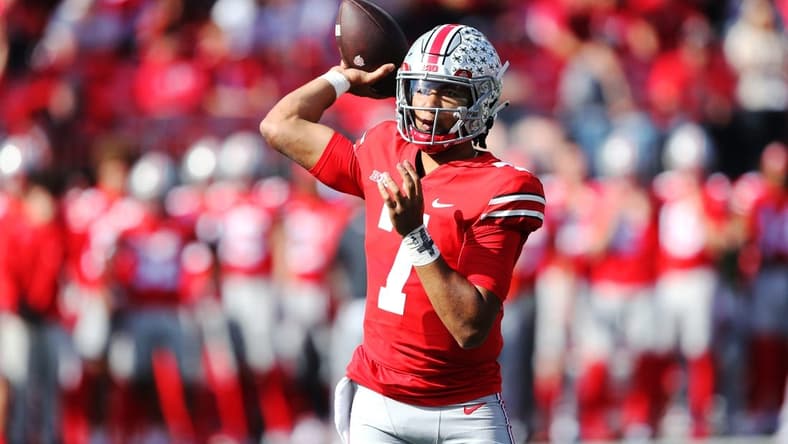 Oct 22, 2022; Columbus, Ohio, USA;  Ohio State Buckeyes quarterback C.J. Stroud (7) throws during the third quarter against the Iowa Hawkeyes at Ohio Stadium. Mandatory Credit: Joseph Maiorana-USA TODAY Sports