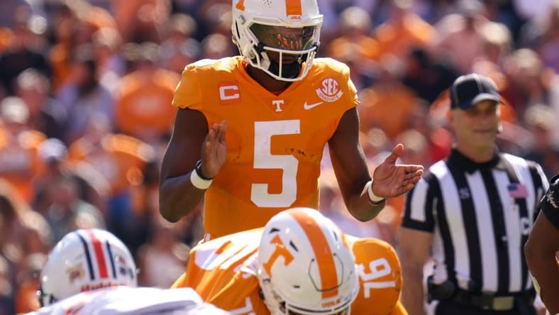 Oct 22, 2022; Knoxville, Tennessee, USA; Tennessee Volunteers quarterback Hendon Hooker (5) during the first half against the Tennessee Martin Skyhawks at Neyland Stadium. Mandatory Credit: Randy Sartin-USA TODAY Sports