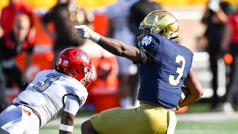 Oct 22, 2022; South Bend, Indiana, USA; Notre Dame Fighting Irish running back Logan Diggs (3) gestures after a first down in the second quarter against the UNLV Rebels at Notre Dame Stadium. Mandatory Credit: Matt Cashore-USA TODAY Sports