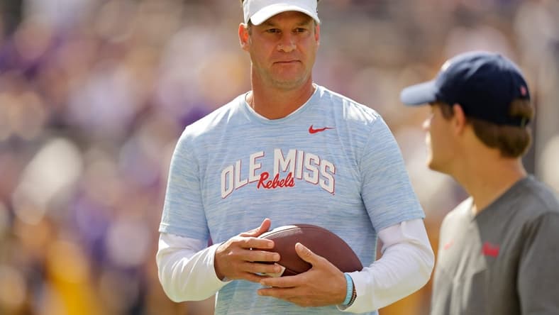 Oct 22, 2022; Baton Rouge, Louisiana, USA;  Mississippi Rebels head coach Lane Kiffin looks on during the pregame against the LSU Tigers at Tiger Stadium. Mandatory Credit: Stephen Lew-USA TODAY Sports