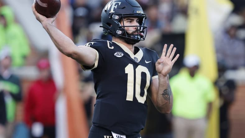 Oct 22, 2022; Winston-Salem, North Carolina, USA;  Wake Forest Demon Deacons quarterback Sam Hartman (10) throws a pass during the second half against the Boston College Eagles at Truist Field. Mandatory Credit: Reinhold Matay-USA TODAY Sports