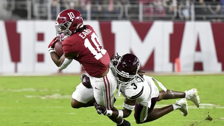 Oct 22, 2022; Tuscaloosa, Alabama, USA;  Mississippi State Bulldogs defensive back Decamerion Richardson (3) brings down Alabama Crimson Tide wide receiver JoJo Earle (10) during the first half at Bryant-Denny Stadium. Mandatory Credit: Gary Cosby Jr.-USA TODAY Sports