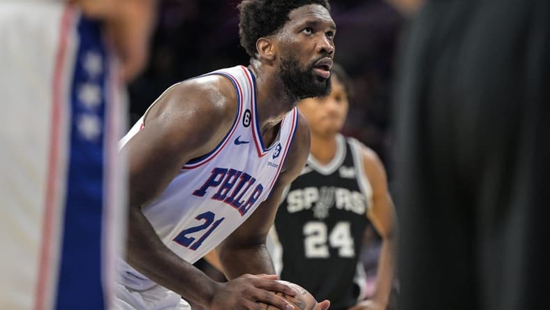 Oct 22, 2022; Philadelphia, Pennsylvania, USA; Philadelphia 76ers center Joel Embiid (21) shoots from the foul line during the third quarter of the game against the ]San Antonio Spurs at Wells Fargo Center. San Antonio won 114-105. Mandatory Credit: John Geliebter-USA TODAY Sports