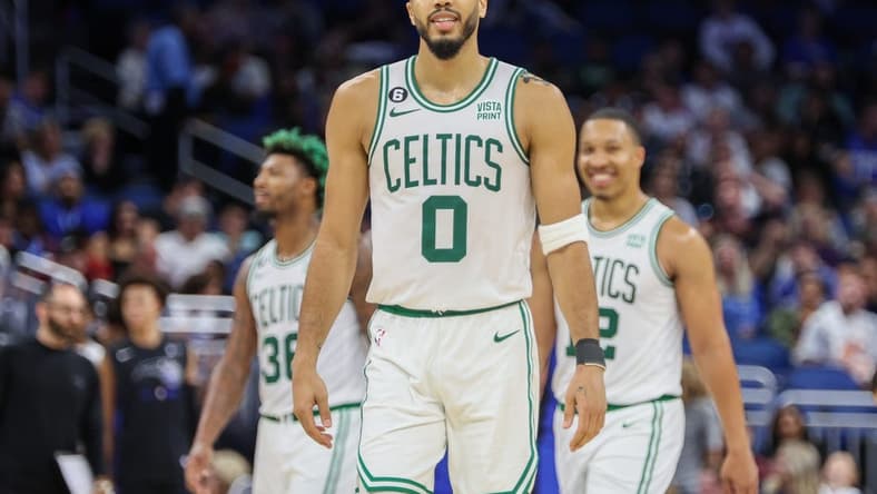 Oct 22, 2022; Orlando, Florida, USA; Boston Celtics forward Jayson Tatum (0) looks on against the Orlando Magic in the fourth quarter at Amway Center. Mandatory Credit: Nathan Ray Seebeck-USA TODAY Sports